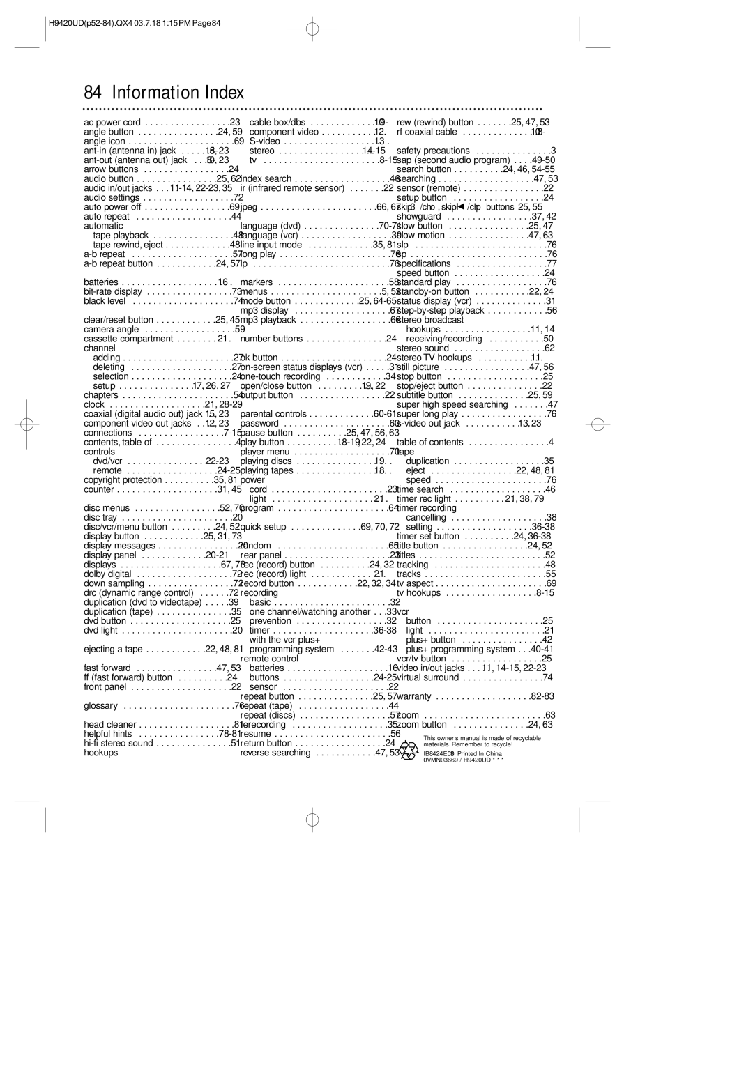 Philips DVD750VR/17 owner manual Information Index, Controls 