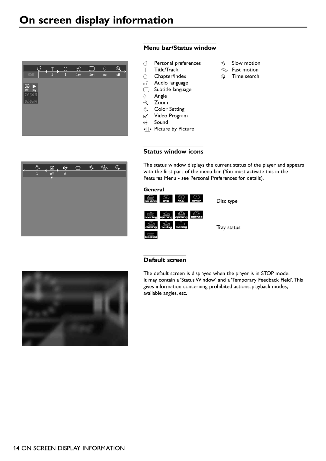 Philips DVD751 manual On screen display information, Menu bar/Status window, Status window icons, Default screen, General 