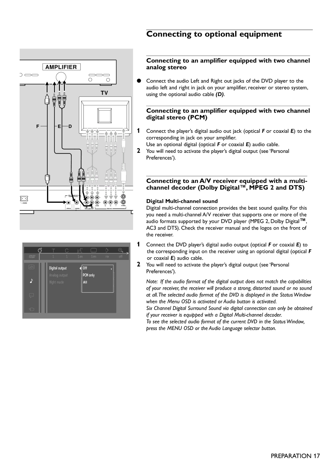 Philips DVD751 manual Connecting to optional equipment, Digital Multi-channel sound 