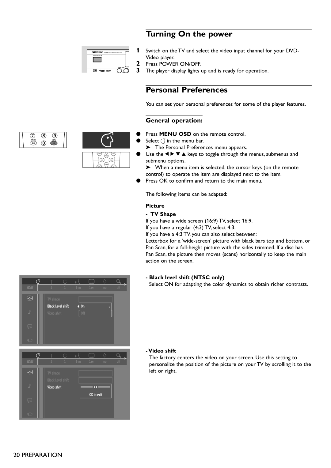 Philips DVD751 manual Turning On the power, Personal Preferences, General operation 