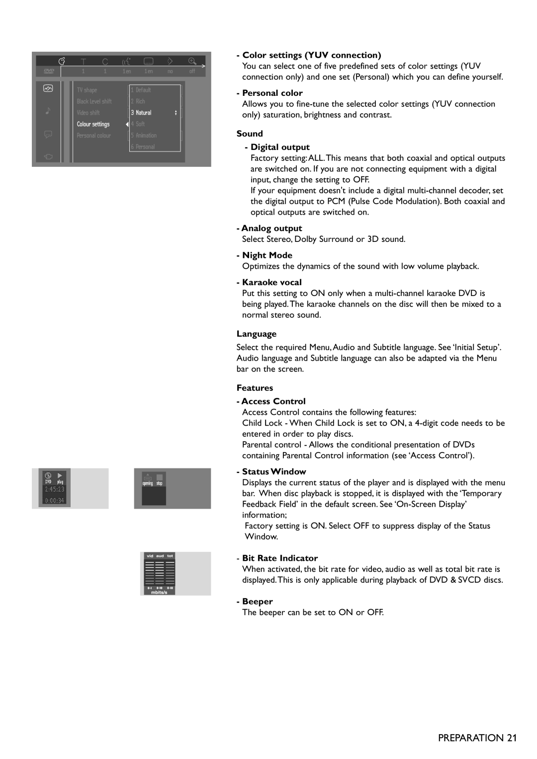 Philips DVD751 Color settings YUV connection, Personal color, Sound Digital output, Analog output, Night Mode, Language 