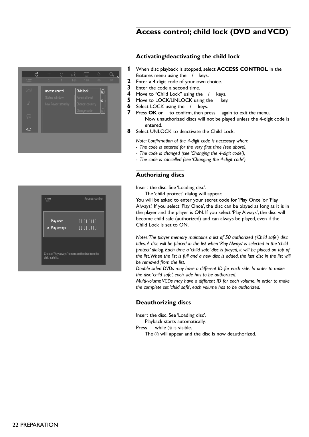 Philips DVD751 manual Access control child lock DVD and VCD, Activating/deactivating the child lock, Authorizing discs 