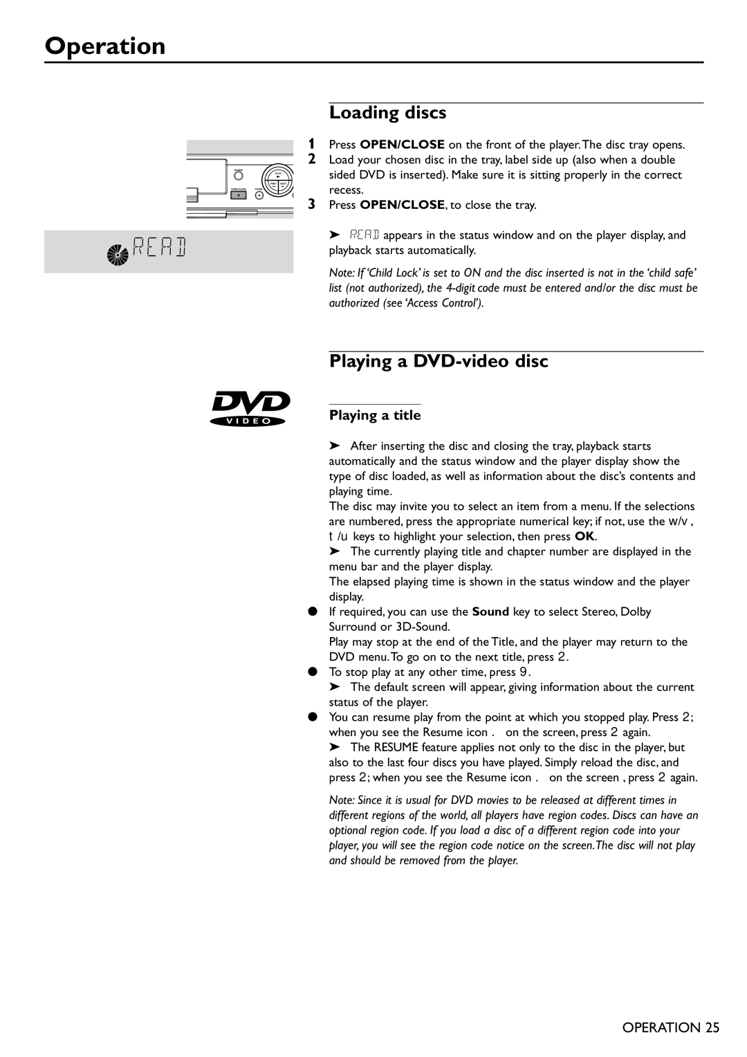 Philips DVD751 manual Operation, Loading discs, Playing a DVD-video disc, Playing a title 