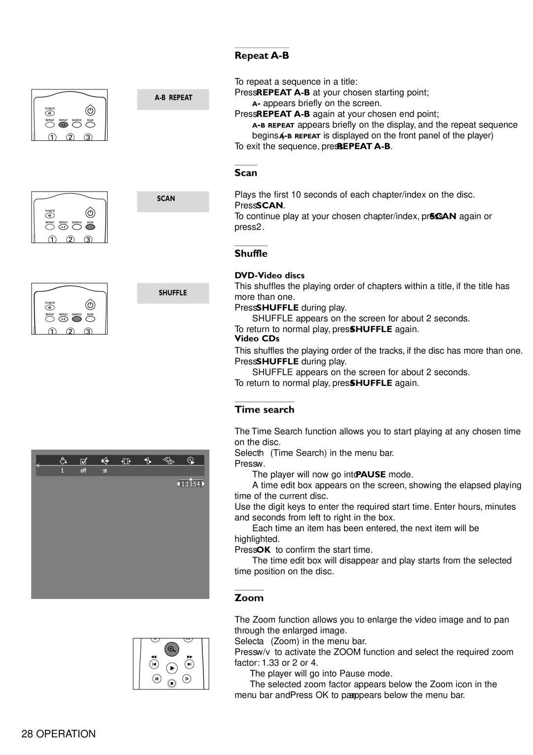 Philips DVD751 manual Repeat A-B, Scan, Shuffle, Time search, Zoom 