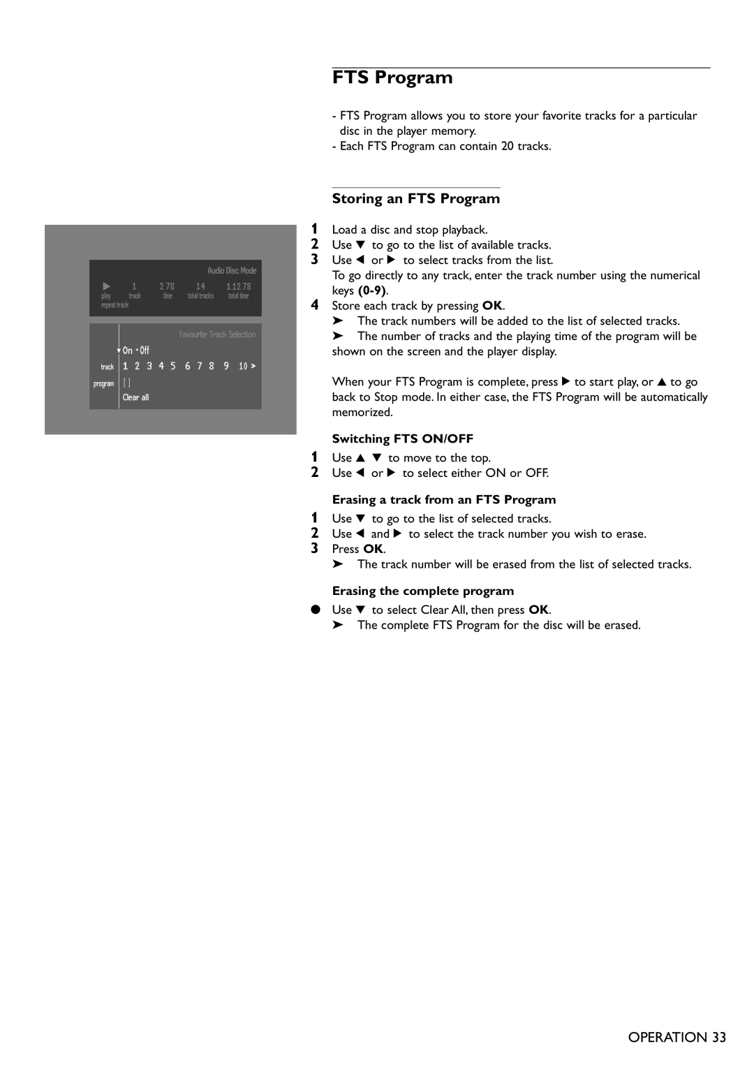 Philips DVD751 manual Storing an FTS Program, Switching FTS ON/OFF, Erasing a track from an FTS Program 