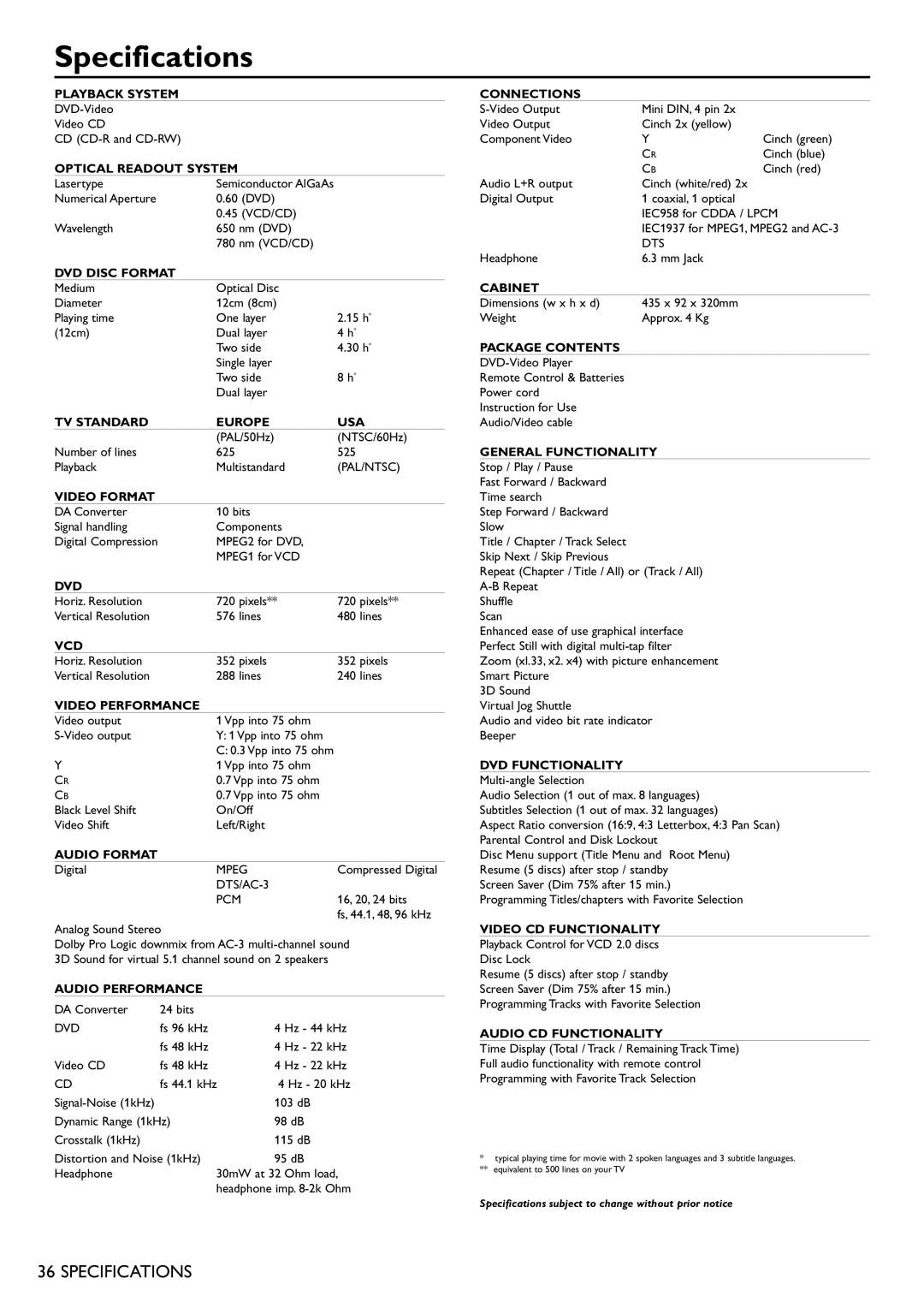 Philips DVD751 manual Specifications, Optical Readout System 