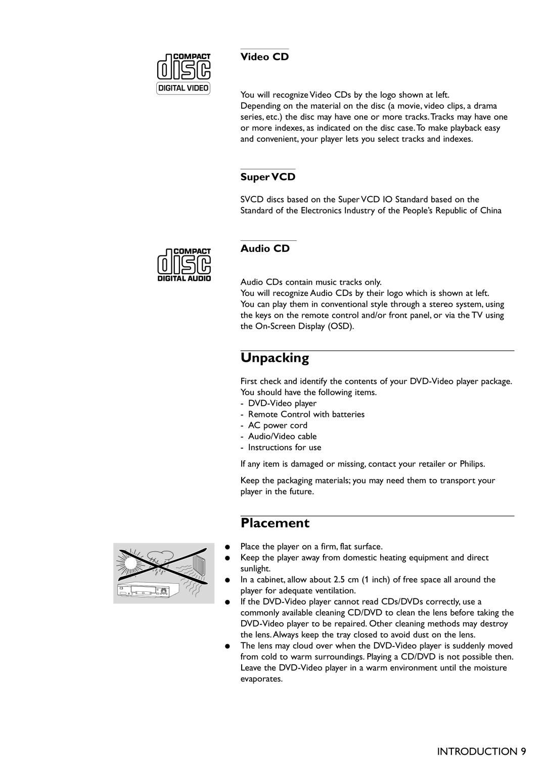 Philips DVD751 manual Unpacking, Placement, Video CD, Super VCD, Audio CD 