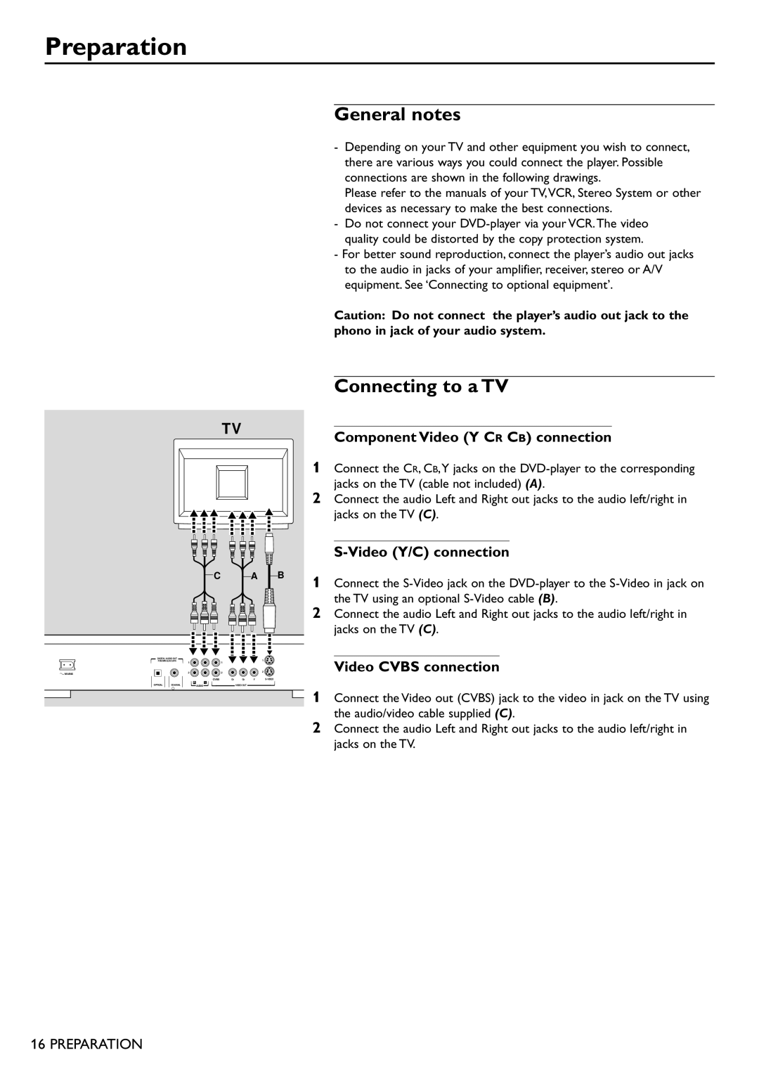 Philips DVD751 manual Preparation, General notes, Connecting to a TV 