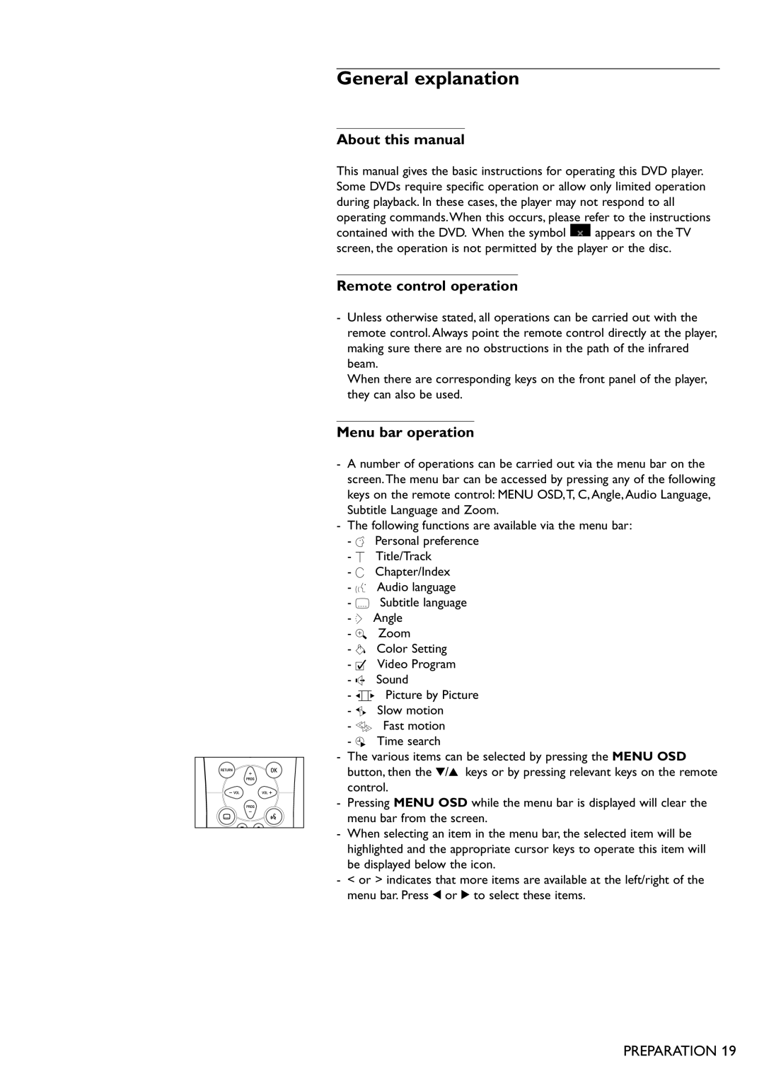 Philips DVD751 General explanation, About this manual, Remote control operation, Menu bar operation, Preparation 