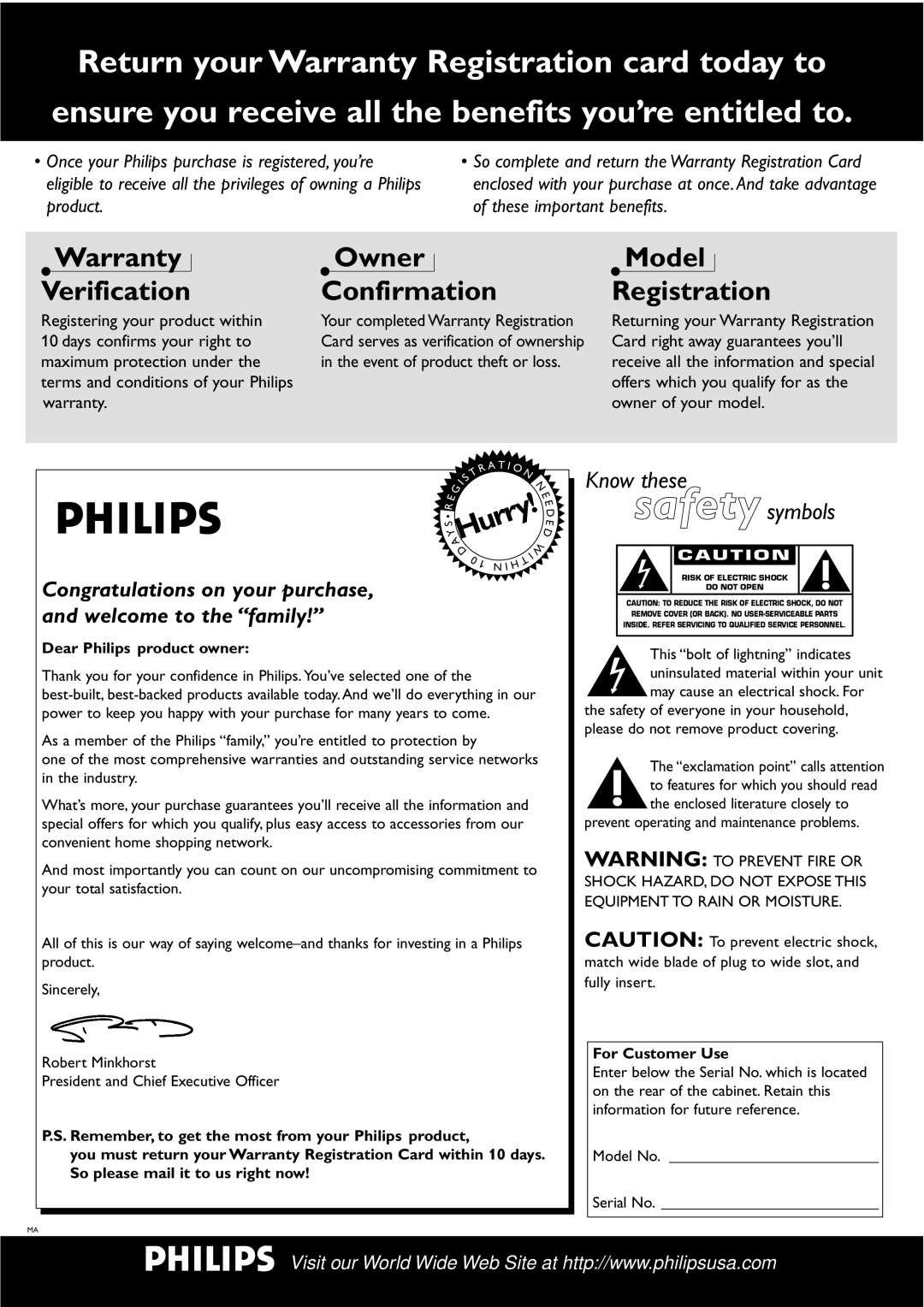 Philips DVD751 manual Warranty Verification, Owner Confirmation, Model Registration, Hurry, Know these safety symbols 