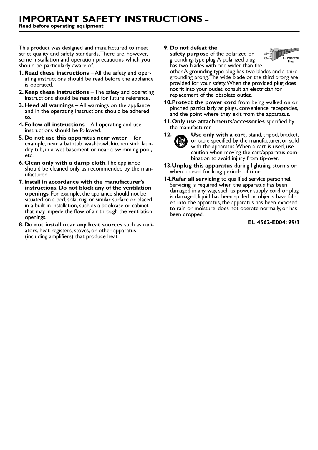 Philips DVD751 manual Important Safety Instructions 