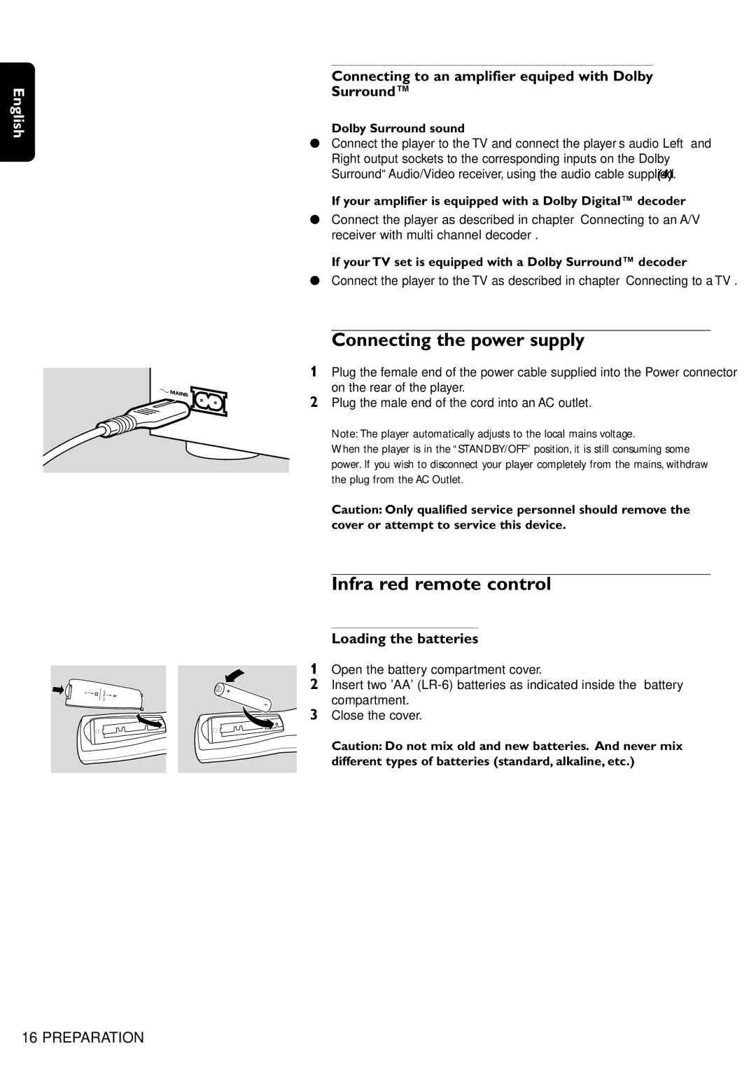 Philips DVD755/05 manual Connecting the power supply, Infra red remote control, Loading the batteries 