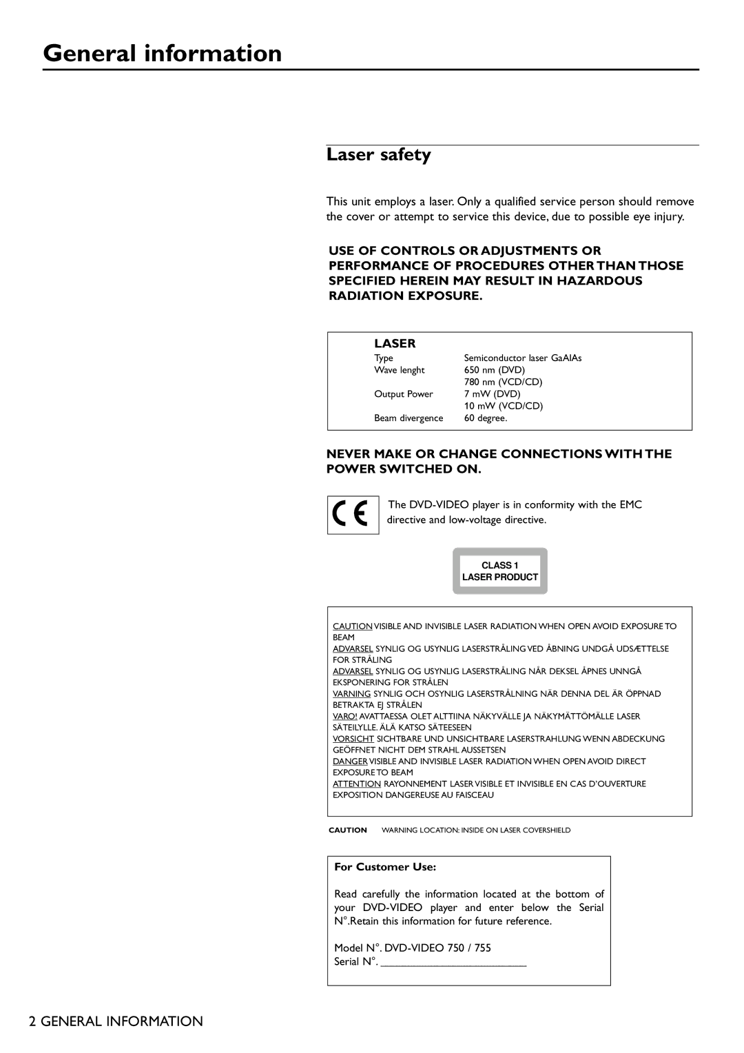 Philips DVD755/05 manual General information, Laser safety 