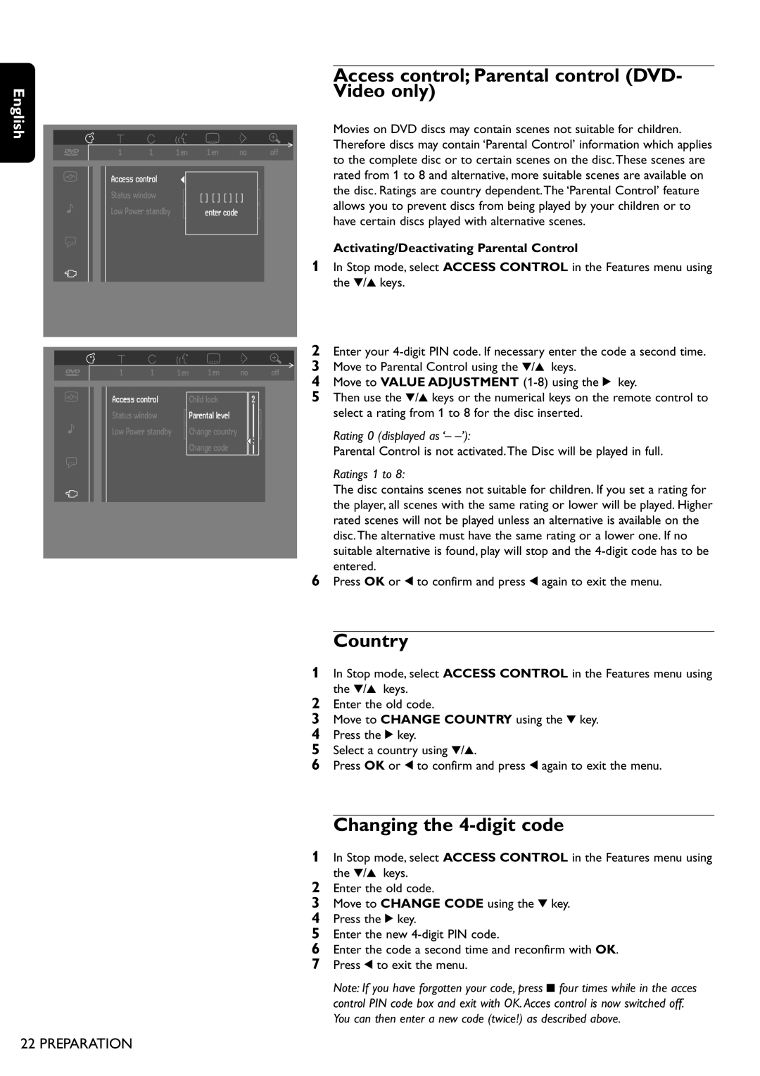 Philips DVD755/05 manual Access control Parental control DVD- Video only, Country, Changing the 4-digit code 