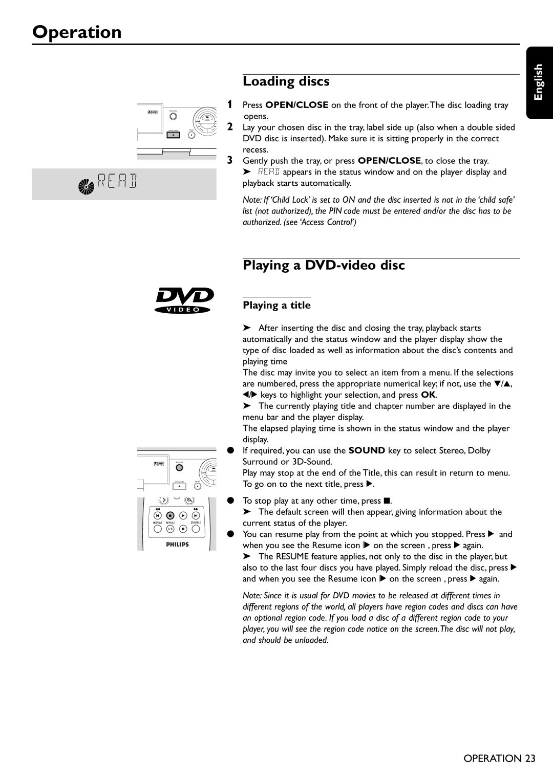 Philips DVD755/05 manual Operation, Loading discs, Playing a DVD-video disc, Playing a title 