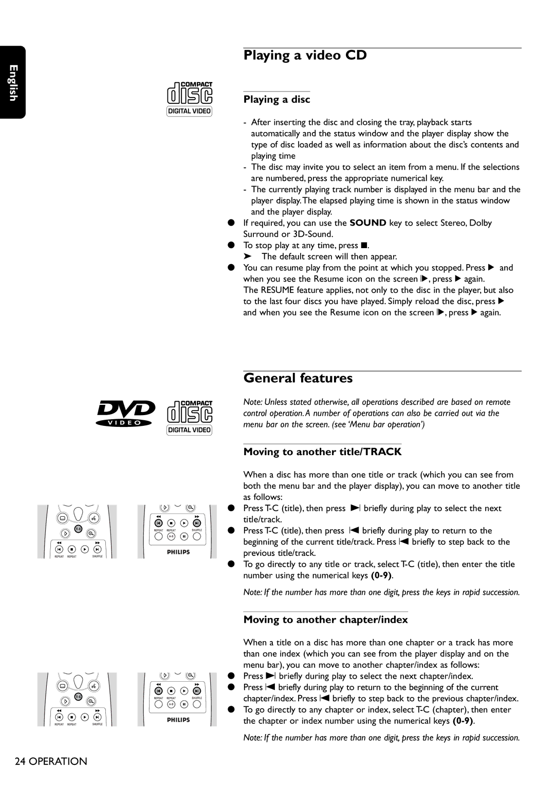 Philips DVD755/05 manual Playing a video CD, General features, Playing a disc, Moving to another title/TRACK 