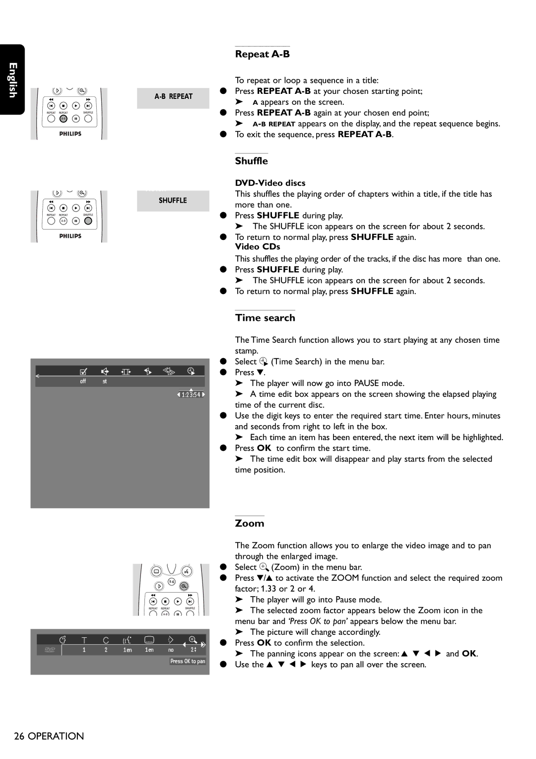 Philips DVD755/05 manual Repeat A-B, Shuffle, Time search, Zoom 