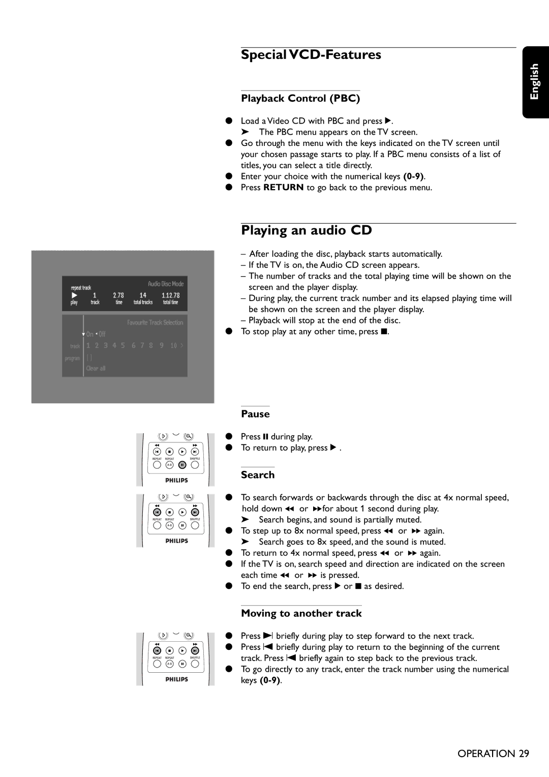 Philips DVD755/05 manual Special VCD-Features, Playing an audio CD, Playback Control PBC, Pause, Moving to another track 