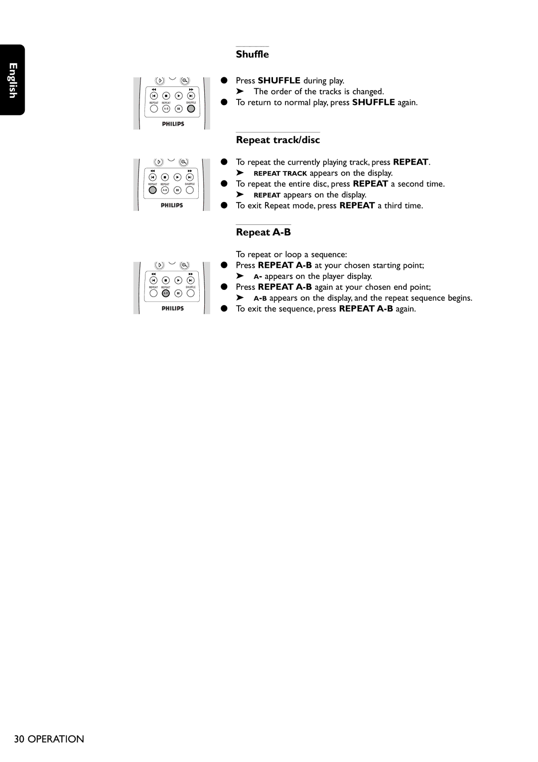 Philips DVD755/05 manual Shuffle, Repeat track/disc 