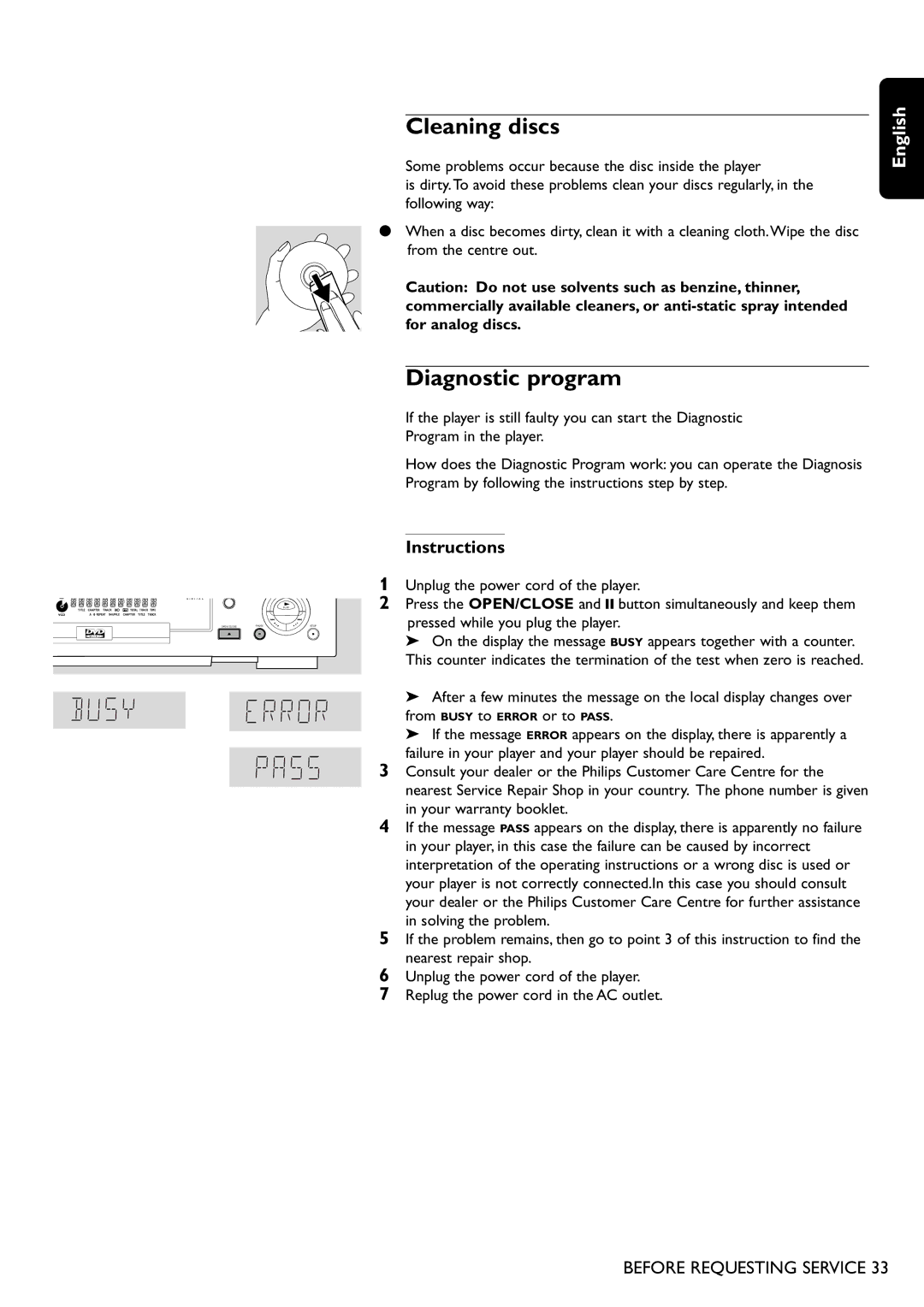 Philips DVD755/05 manual Cleaning discs, Diagnostic program, Instructions 