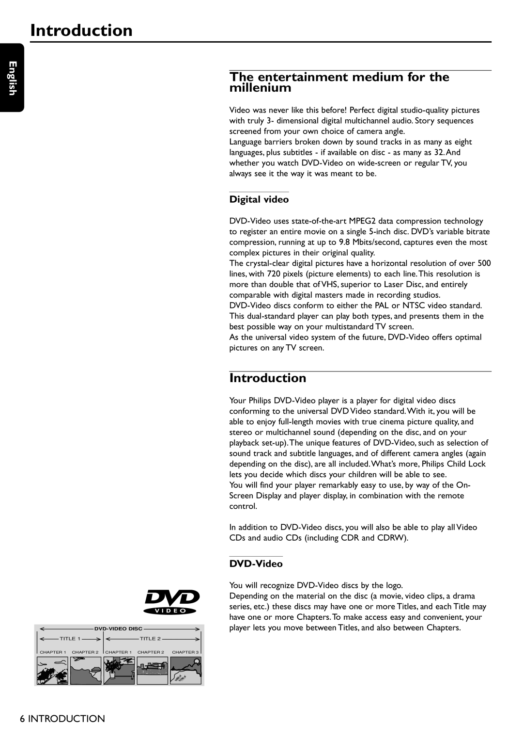 Philips DVD755/05 manual Introduction, Entertainment medium for the millenium, Digital video, DVD-Video 