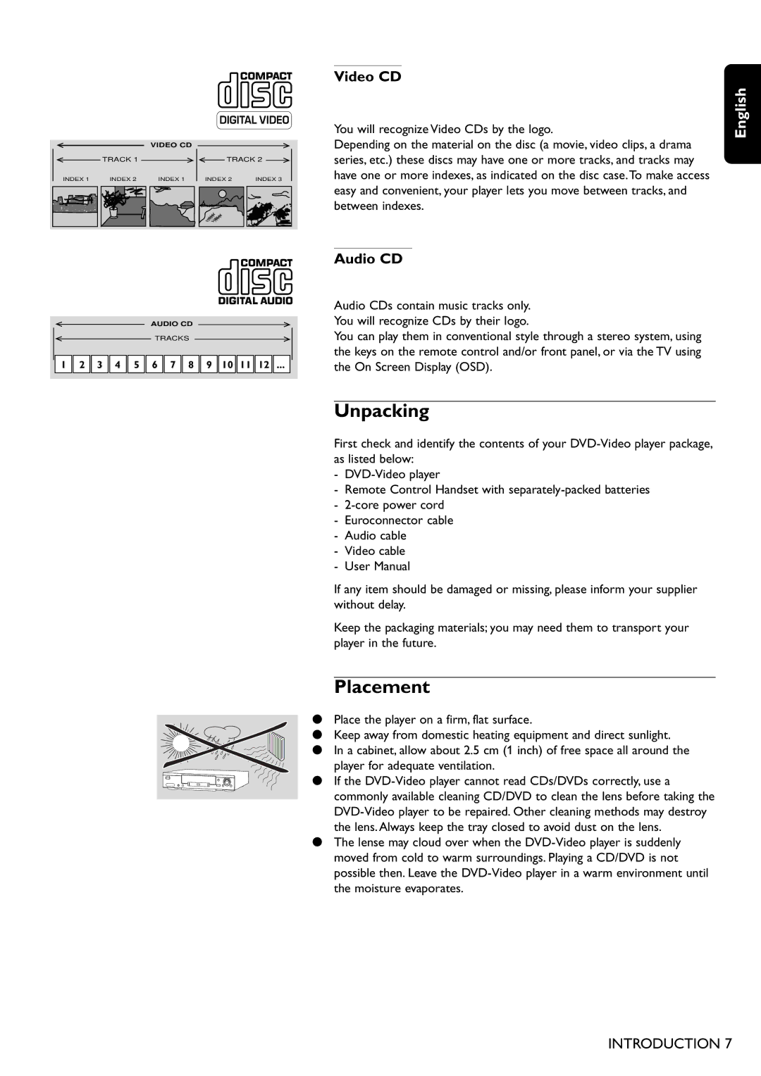 Philips DVD755/05 manual Unpacking, Placement, Video CD, Audio CD 