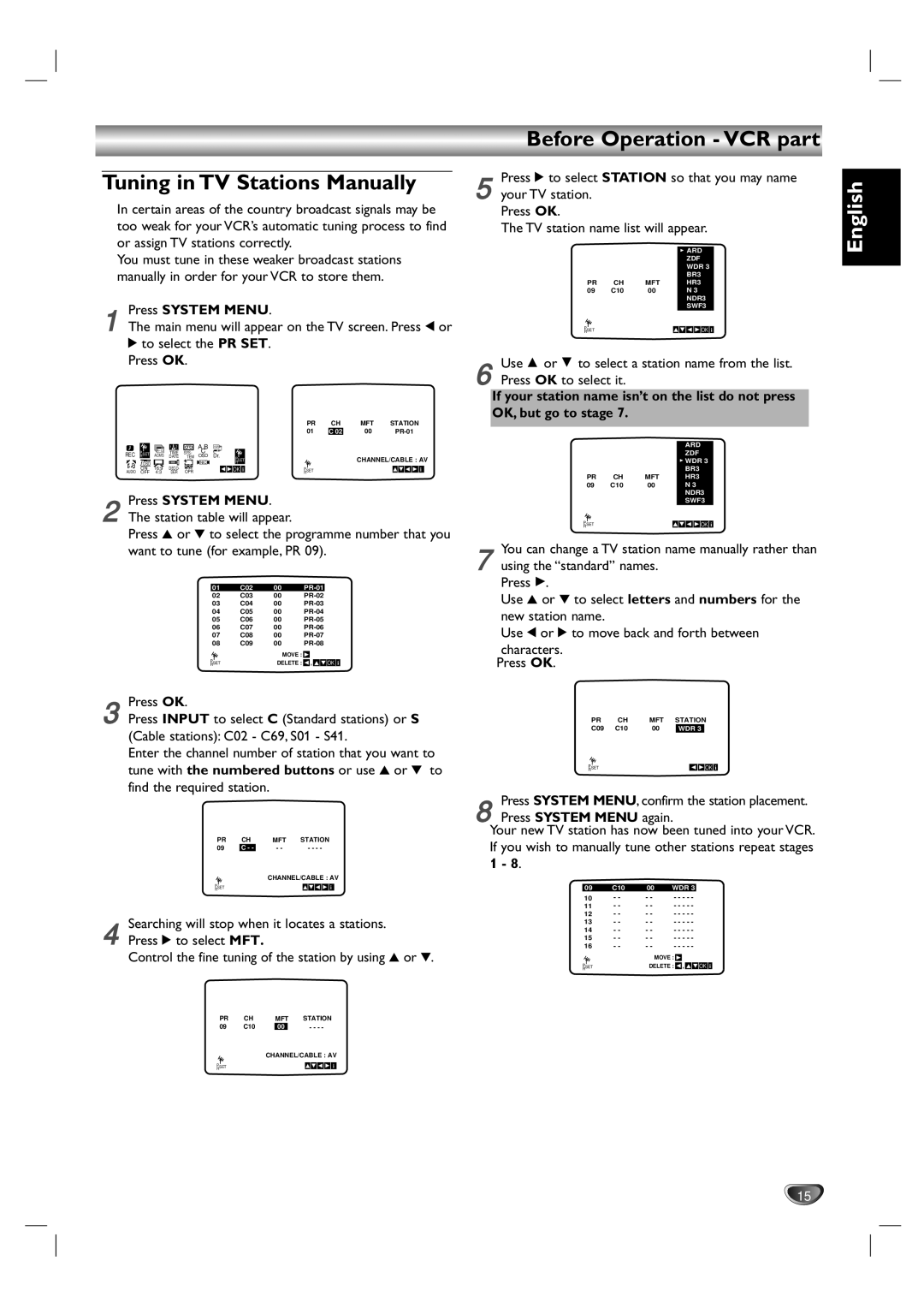 Philips DVD755VR/00 owner manual Before Operation VCR part Tuning in TV Stations Manually, To select the PR SET. Press OK 