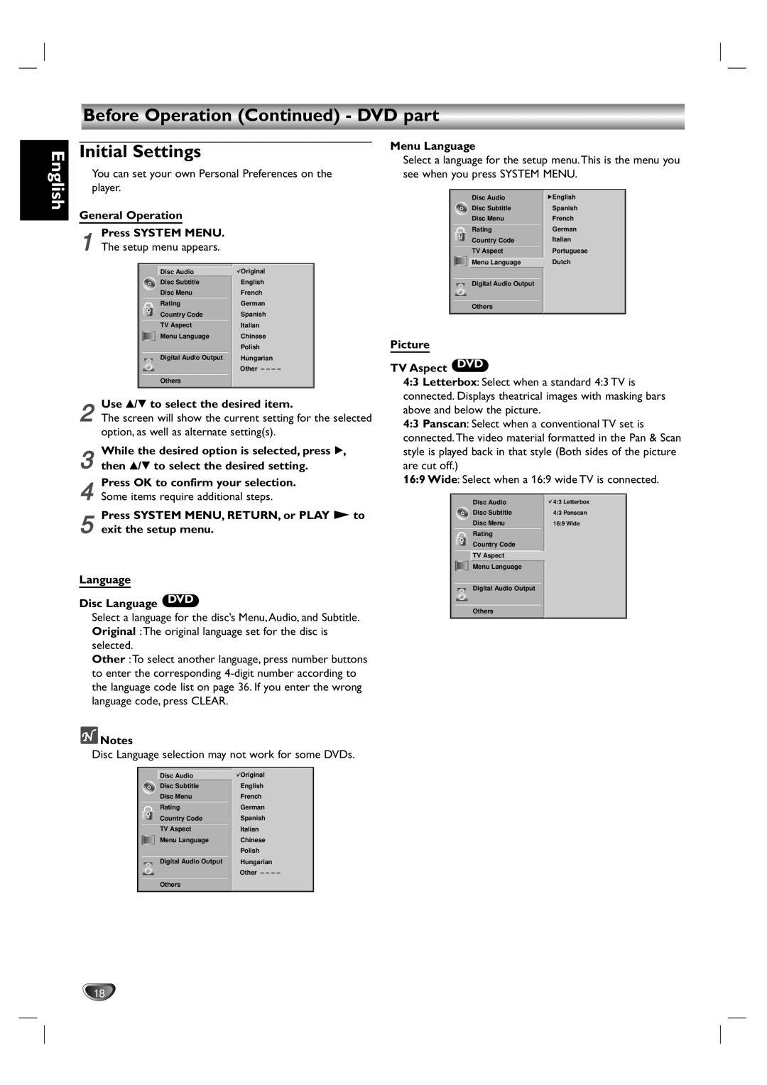 Philips DVD755VR/00 owner manual Initial Settings, General Operation Press System Menu, Use v/V to select the desired item 