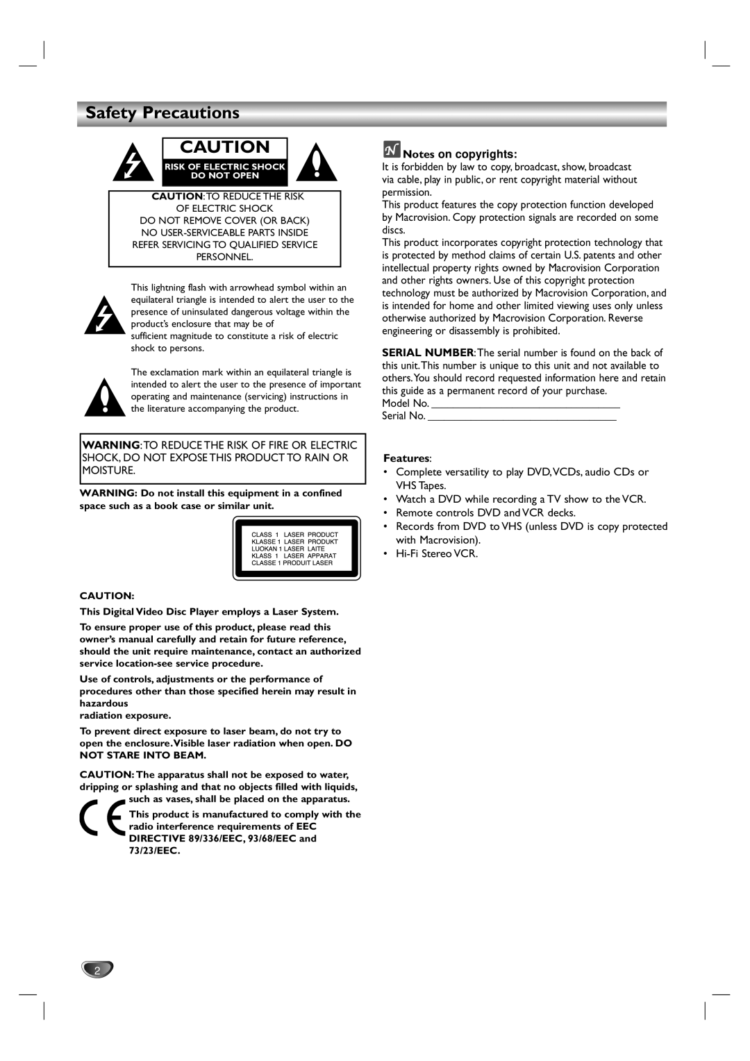 Philips DVD755VR/00 owner manual Safety Precautions, Model No Serial No, Features 