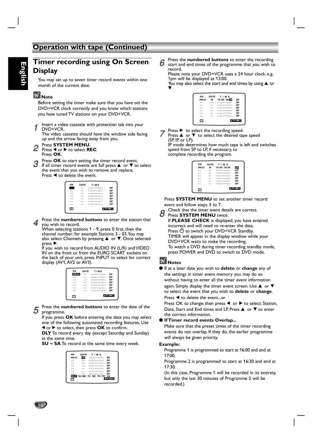 Philips DVD755VR/00 owner manual Operation with tape Timer recording using On Screen Display 