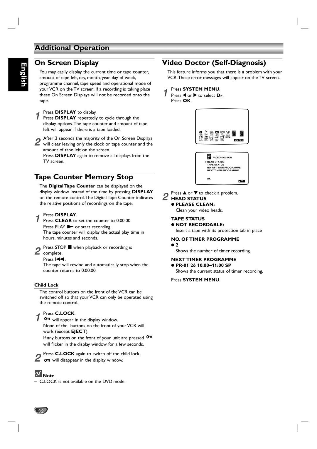 Philips DVD755VR/00 owner manual Tape Counter Memory Stop 