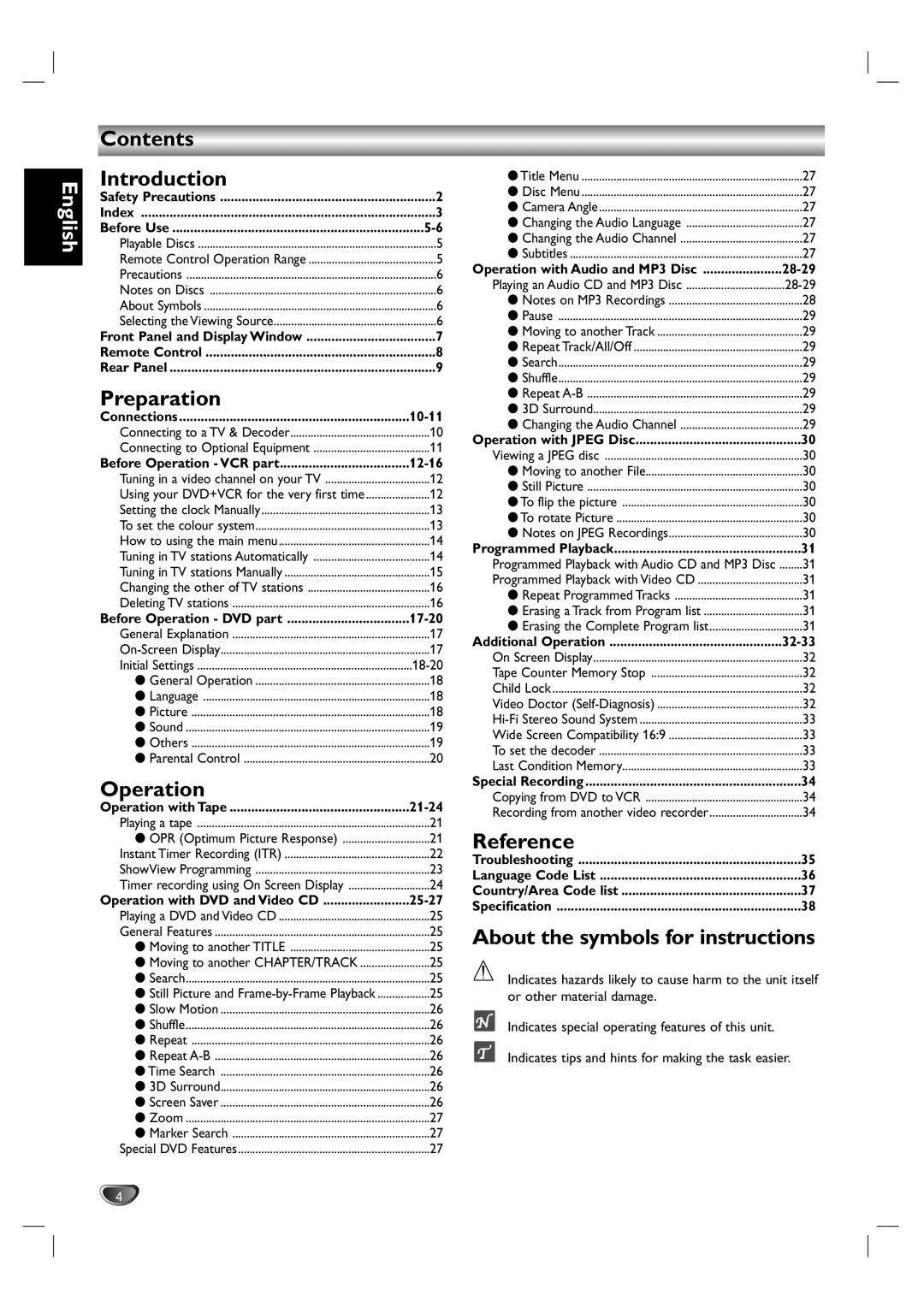 Philips DVD755VR/00 Contents Introduction, Preparation, Operation, Reference, About the symbols for instructions 