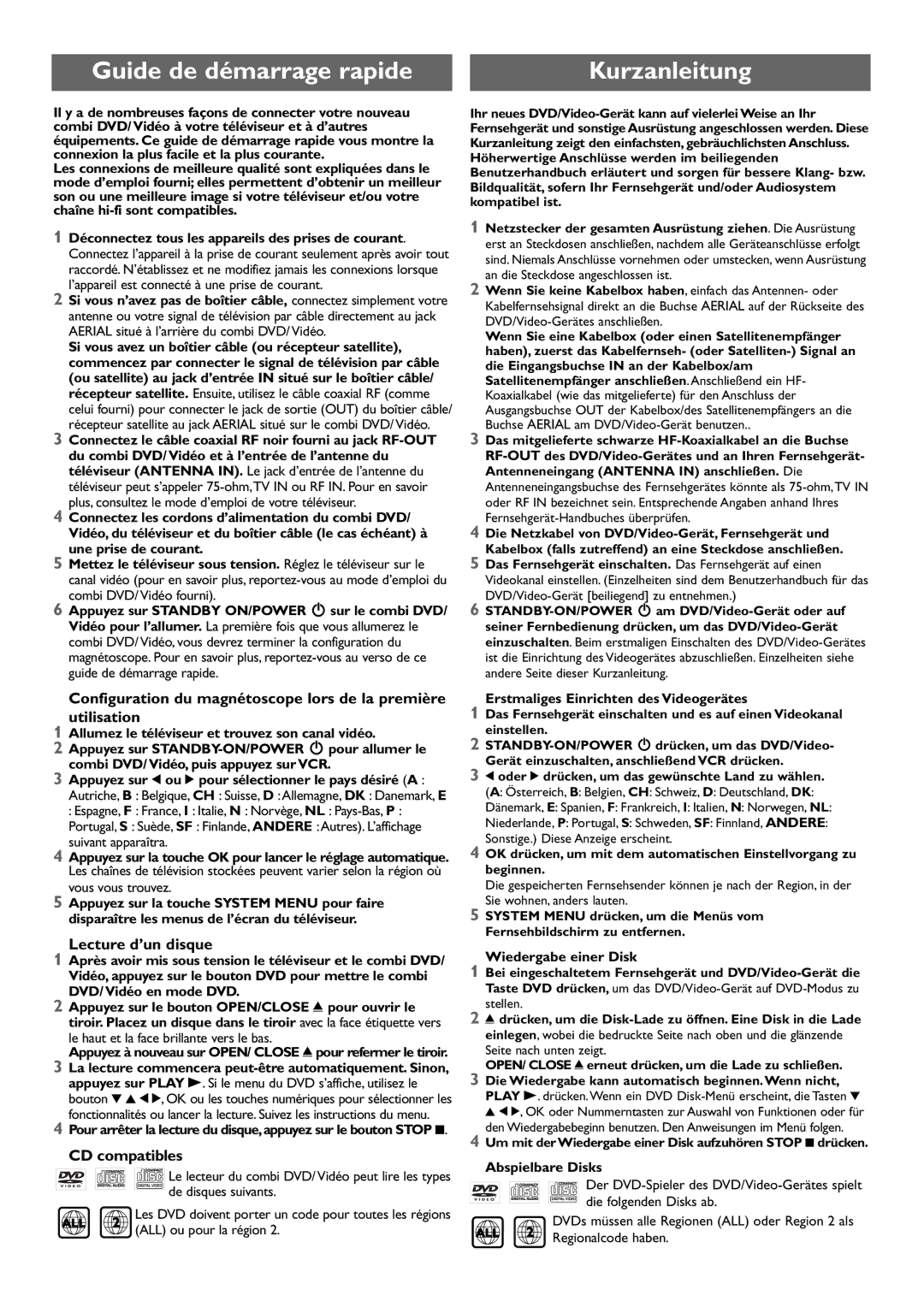 Philips DVD755VR/14 owner manual Guide de démarrage rapide, Kurzanleitung, Lecture d’un disque, CD compatibles 