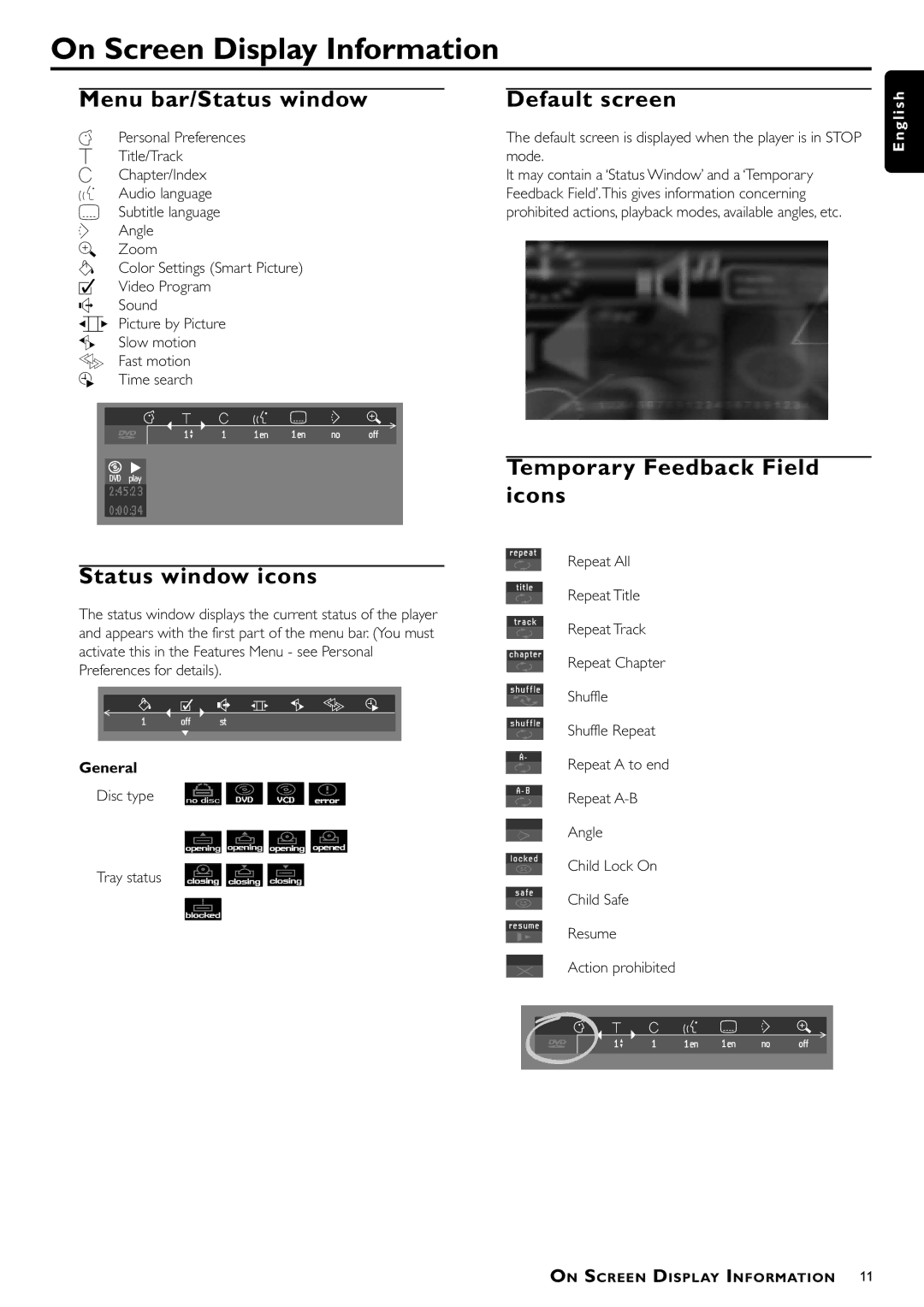 Philips VD756/G52 manual On Screen Display Information, Menu bar/Status window Default screen, Status window icons, General 