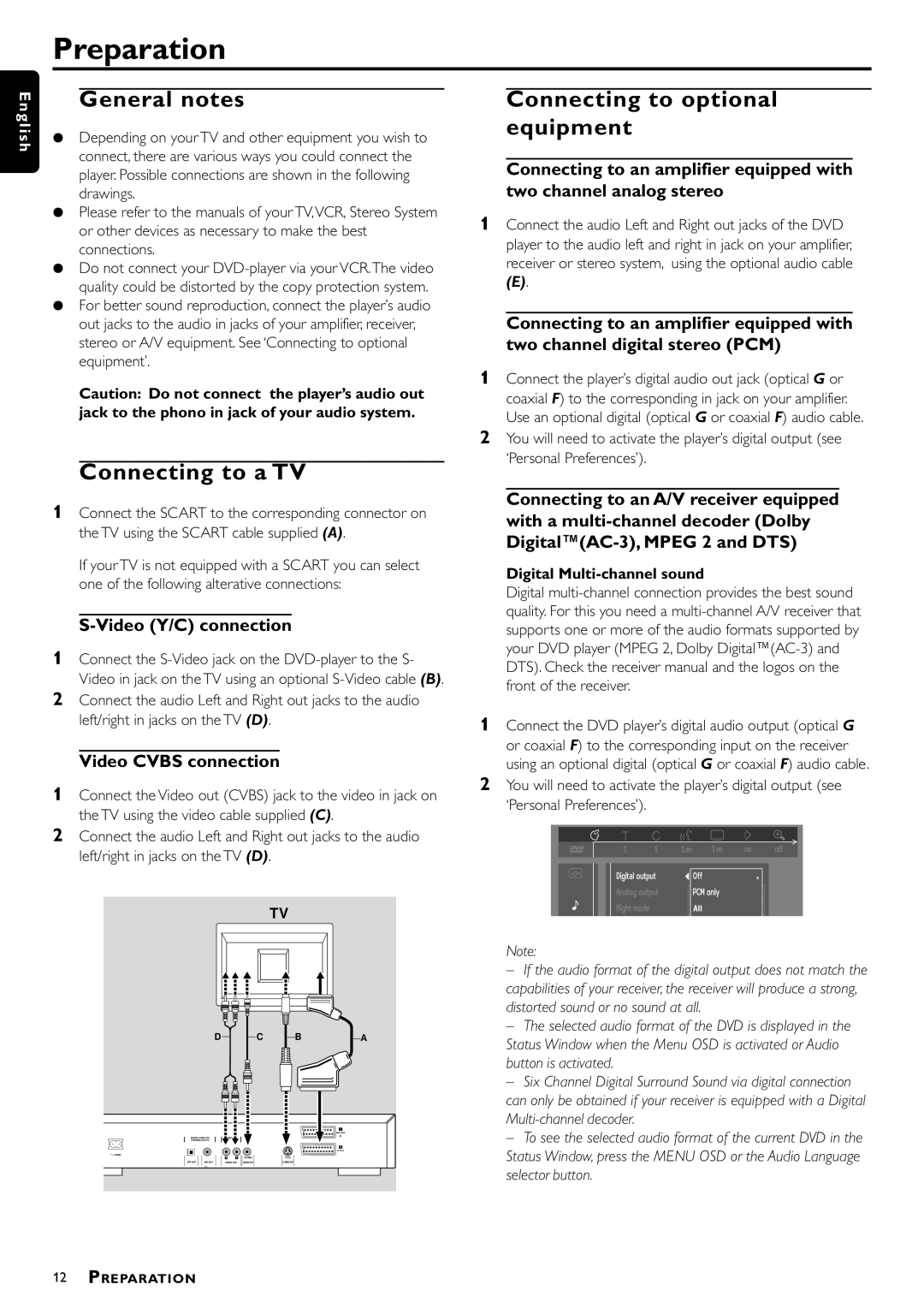 Philips DVD756, VD756/G52 manual Preparation, General notes, Connecting to a TV, Connecting to optional equipment 