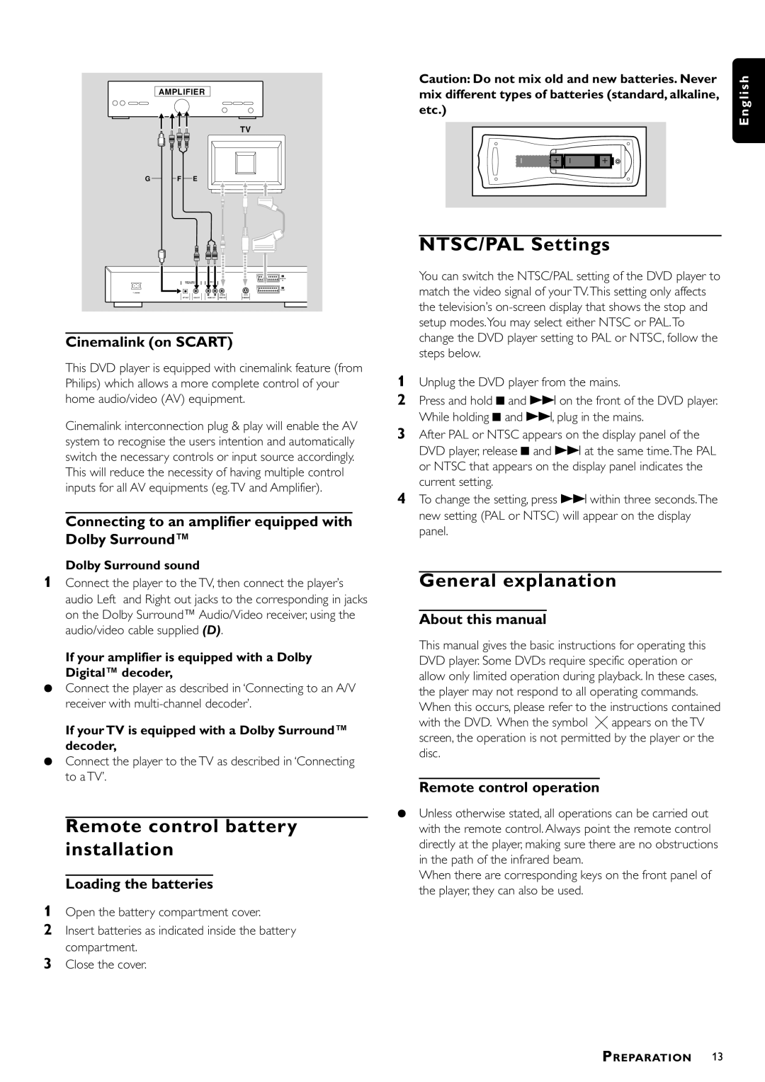 Philips VD756/G52, DVD756 manual Remote control battery installation, NTSC/PAL Settings, General explanation 