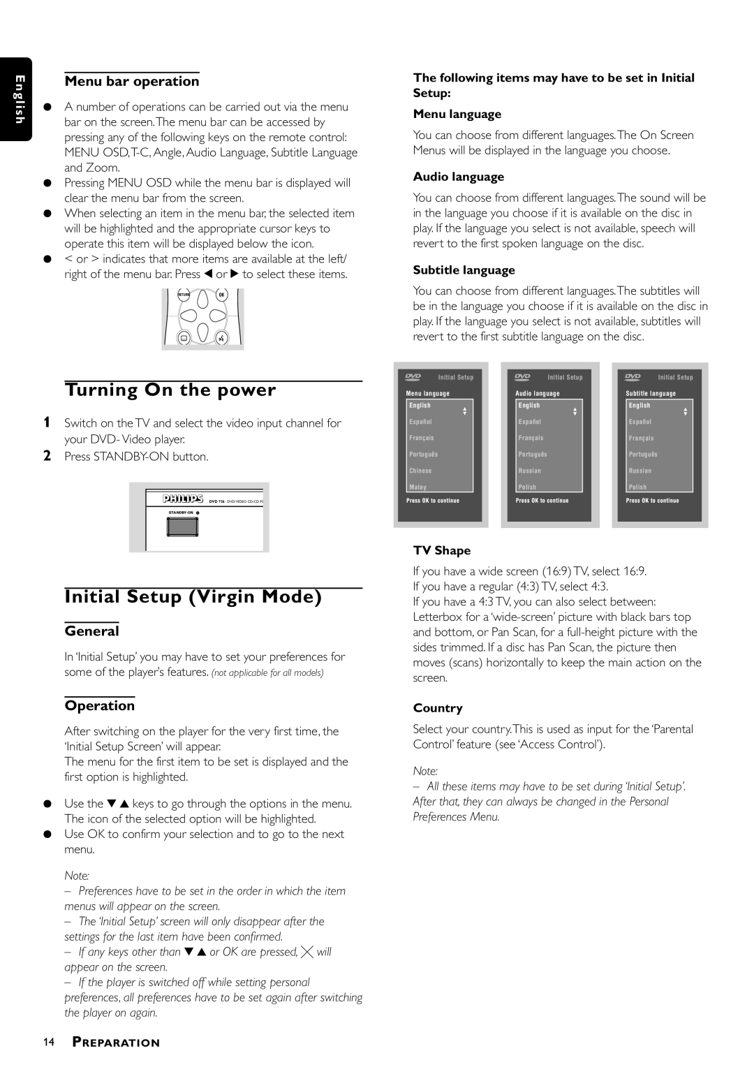 Philips DVD756, VD756/G52 manual Initial Setup Virgin Mode, Menu bar operation, General, Operation 