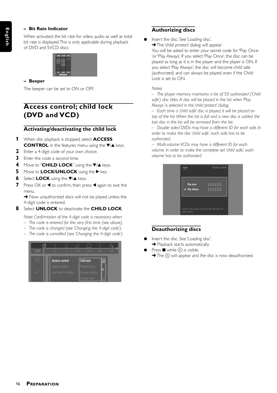 Philips DVD756 Access control child lock DVD and VCD, Activating/deactivating the child lock, Authorizing discs, Beeper 