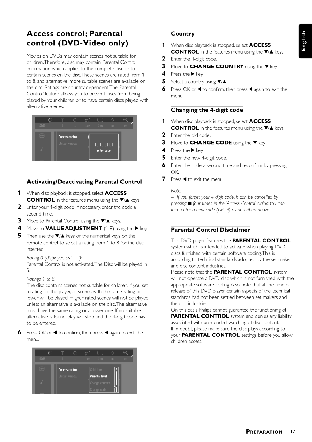 Philips VD756/G52 manual Access control Parental control DVD-Video only, Activating/Deactivating Parental Control, Country 