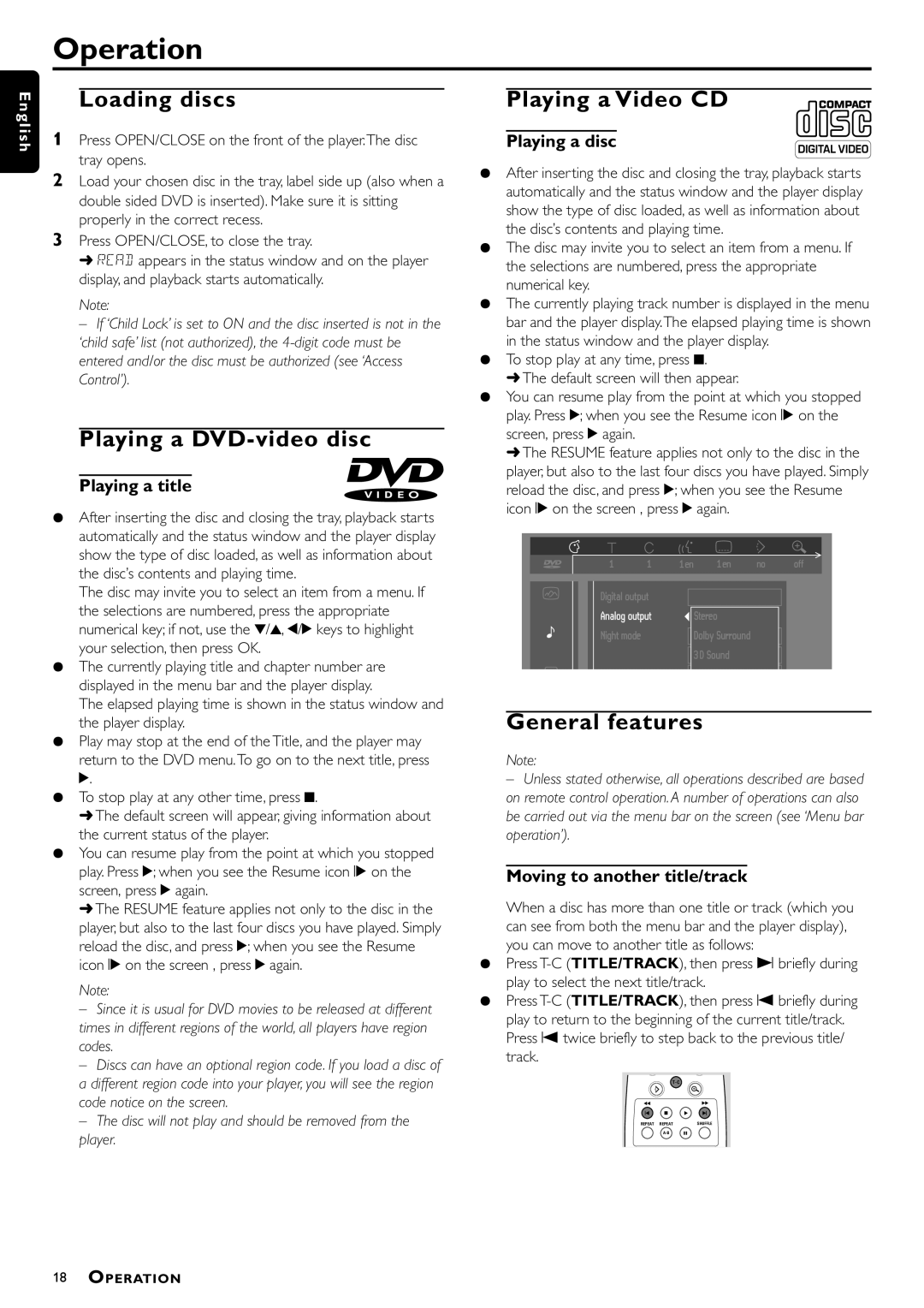 Philips DVD756, VD756/G52 manual Operation, Loading discs, Playing a DVD-video disc, Playing a Video CD, General features 