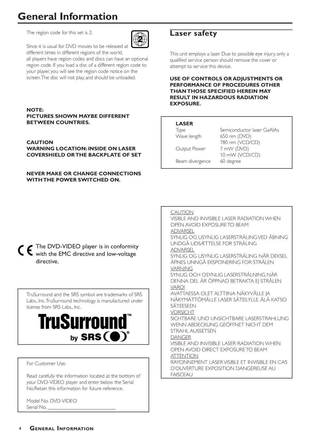 Philips DVD756, VD756/G52 General Information, Laser safety, Region code for this set is, Model No. DVD-VIDEO Serial No 