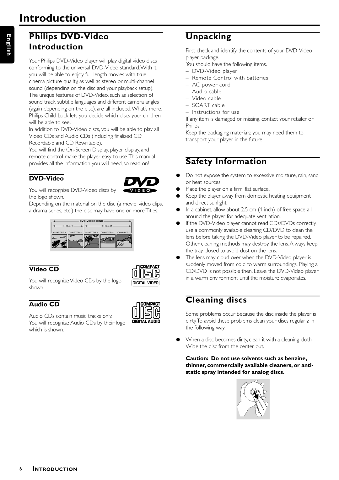 Philips DVD756, VD756/G52 manual Philips DVD-Video Introduction, Unpacking, Safety Information, Cleaning discs 