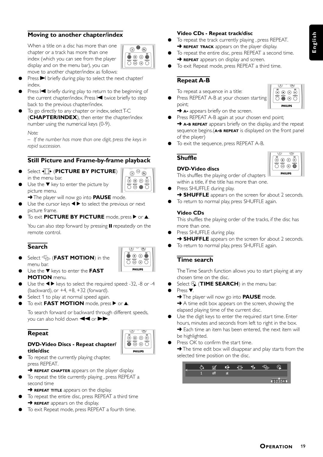 Philips DVD756/052 Moving to another chapter/index, Still Picture and Frame-by-frame playback, Search, Repeat A-B 