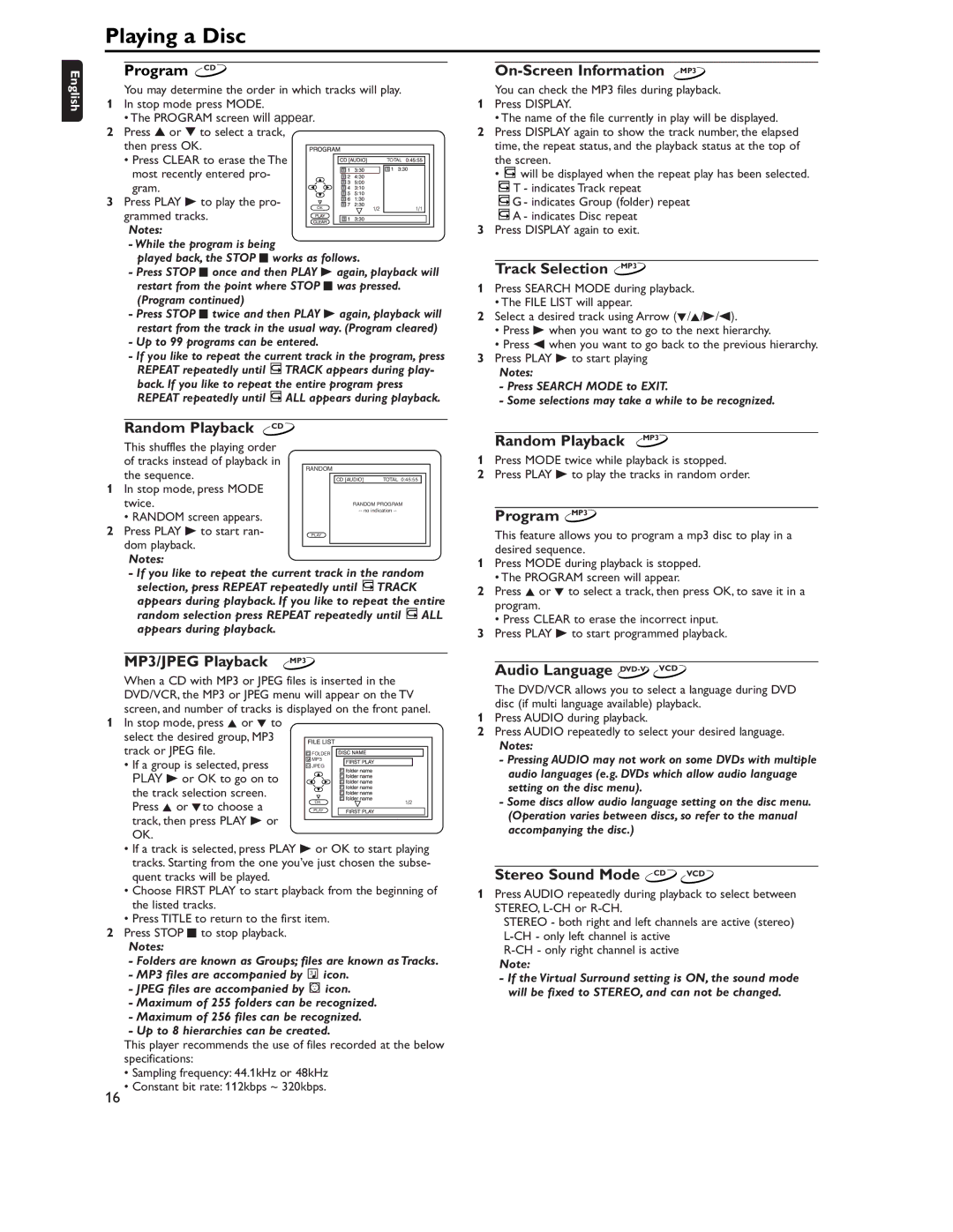 Philips DVD757VR/02 manual Program CD, Random Playback, MP3/JPEG Playback, On-Screen Information MP3, Track Selection MP3 