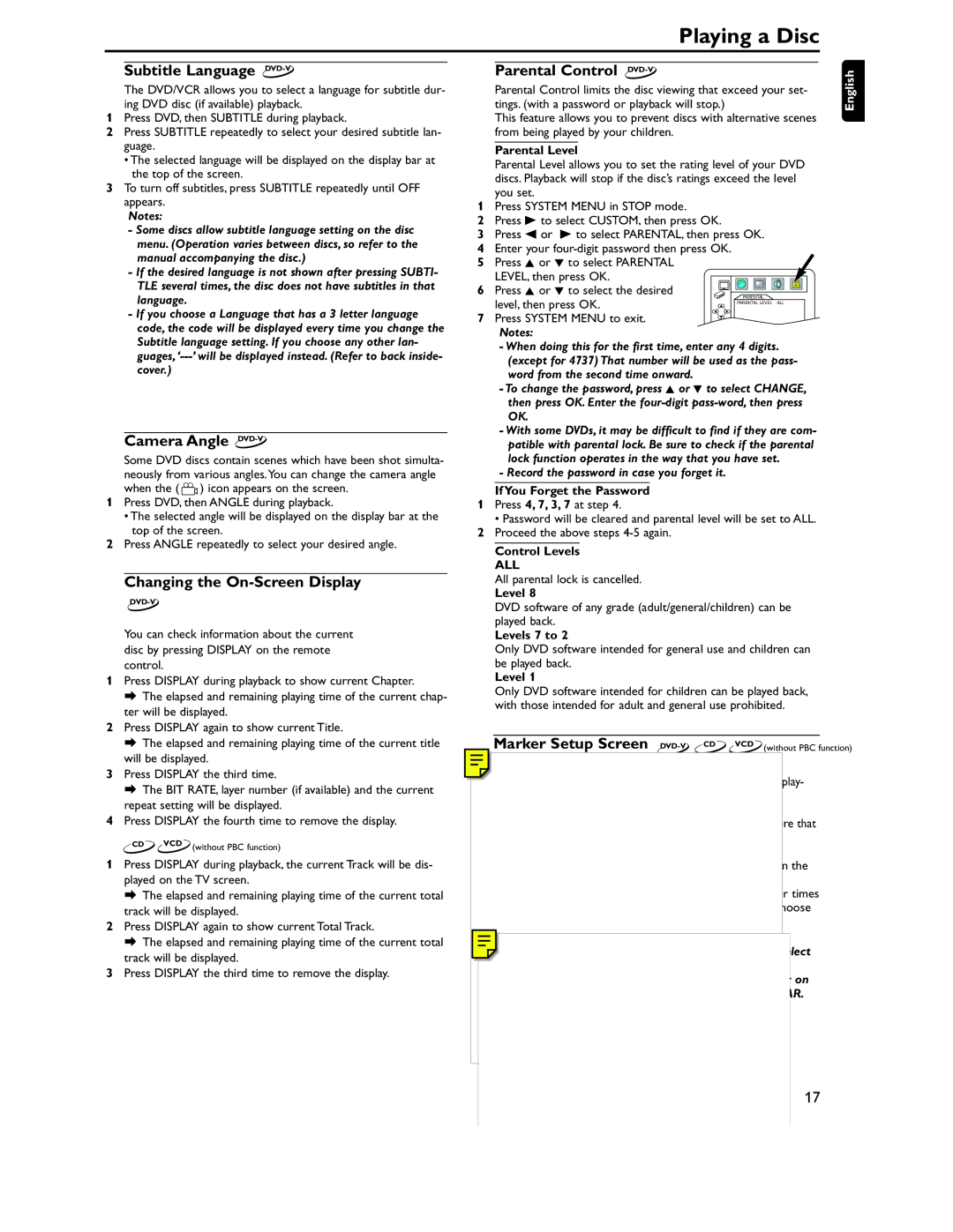 Philips DVD757VR manual Subtitle Language DVD-V, Camera Angle DVD-V, Changing the On-Screen Display, Parental Control 