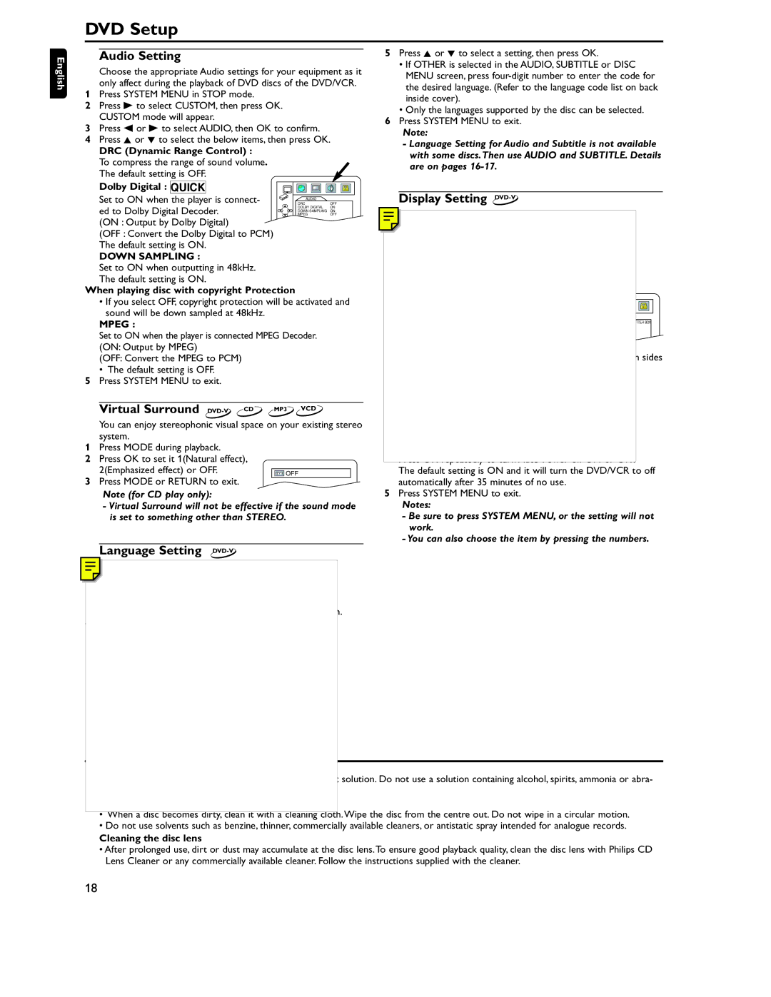 Philips DVD757VR/02 manual DVD Setup, Maintenance 