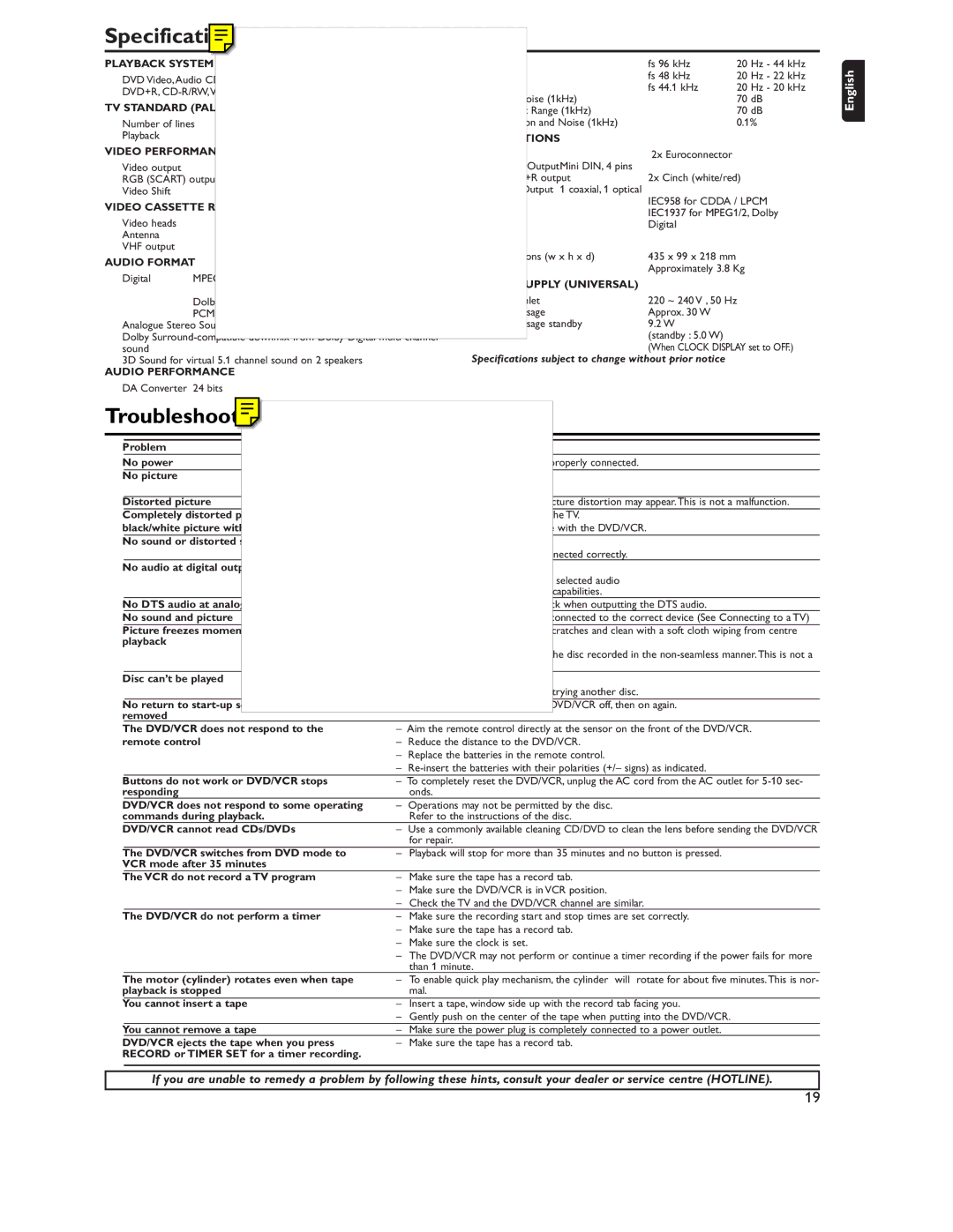 Philips DVD757VR/02 manual Specifications, Troubleshooting 