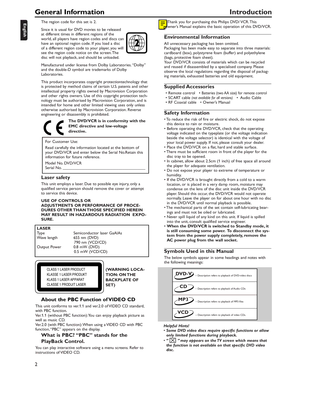 Philips DVD757VR/02 manual General Information 