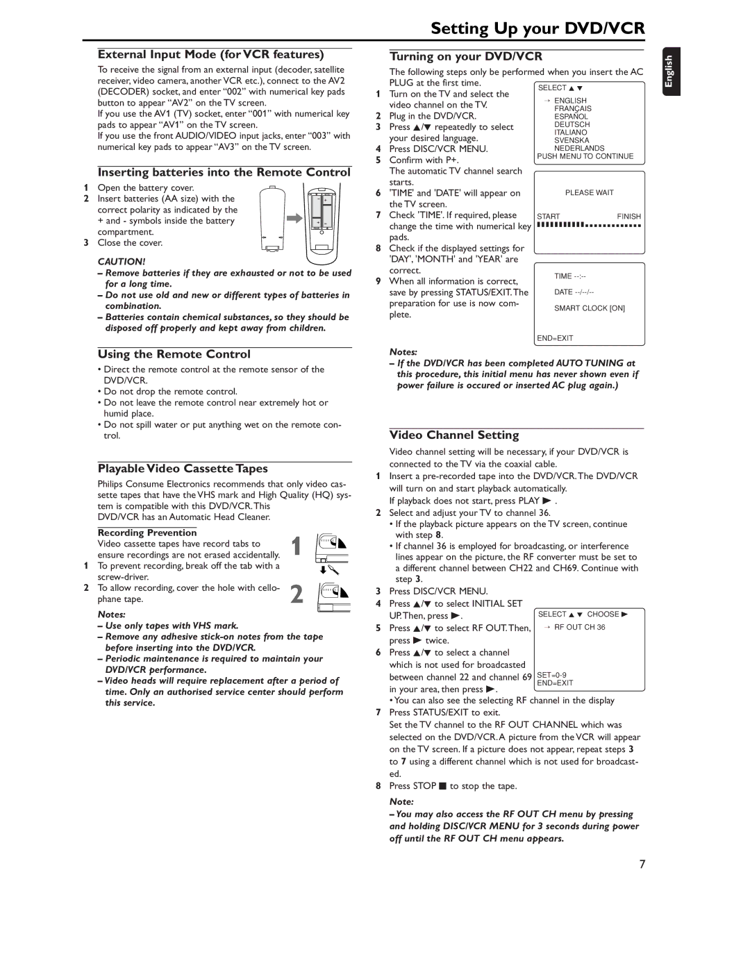 Philips DVD757VR External Input Mode for VCR features, Inserting batteries into the Remote Control, Video Channel Setting 
