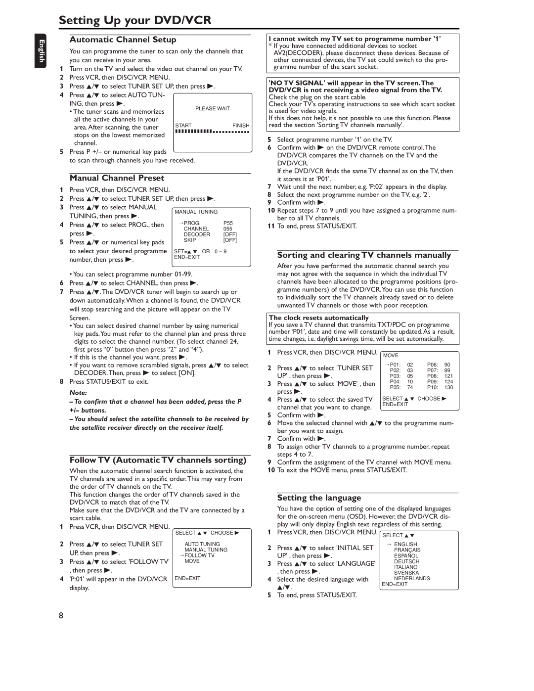 Philips DVD757VR/02 manual Automatic Channel Setup, Manual Channel Preset, Follow TV Automatic TV channels sorting 